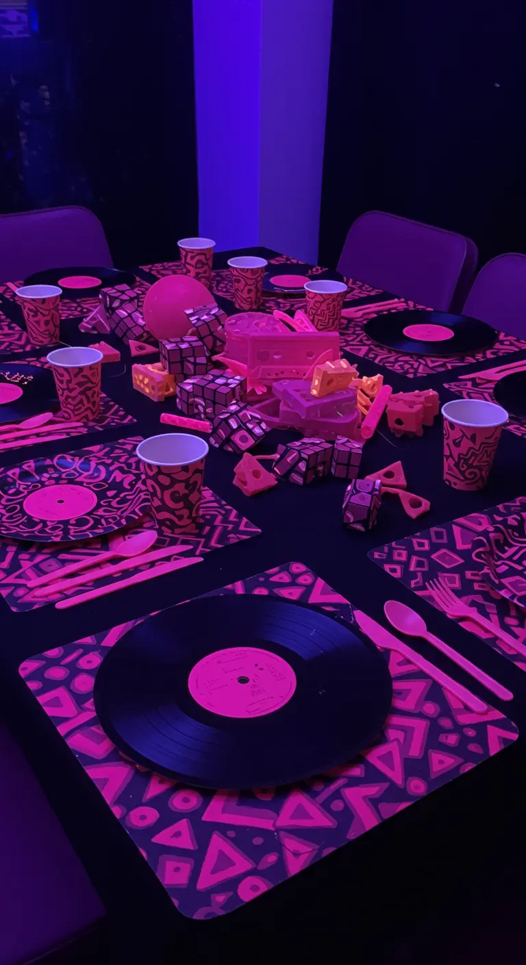 80s-themed party table under a blacklight with neon pink decor and vinyl records.