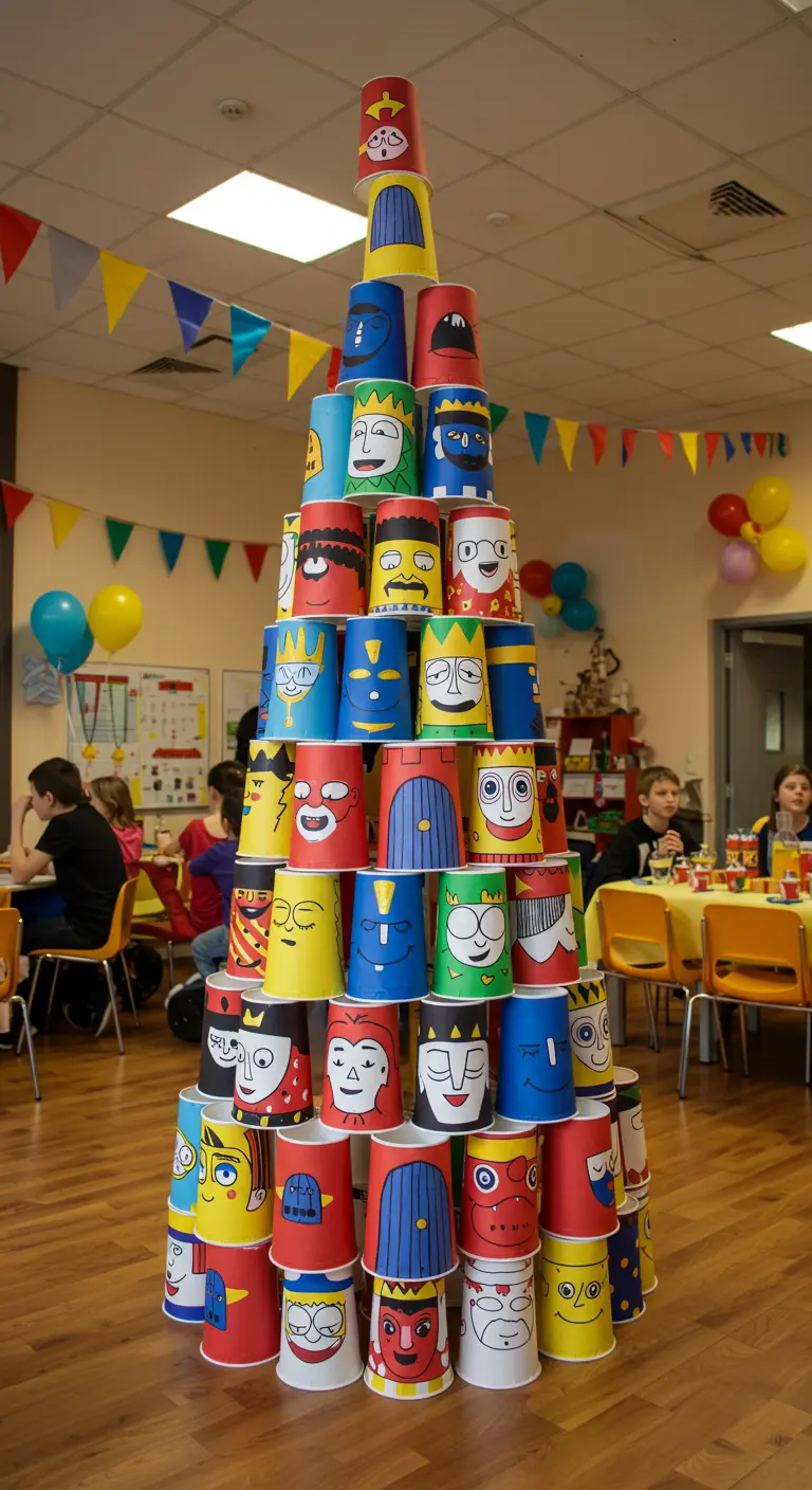 A giant tower built from paper cups, each decorated with a unique cartoon face.