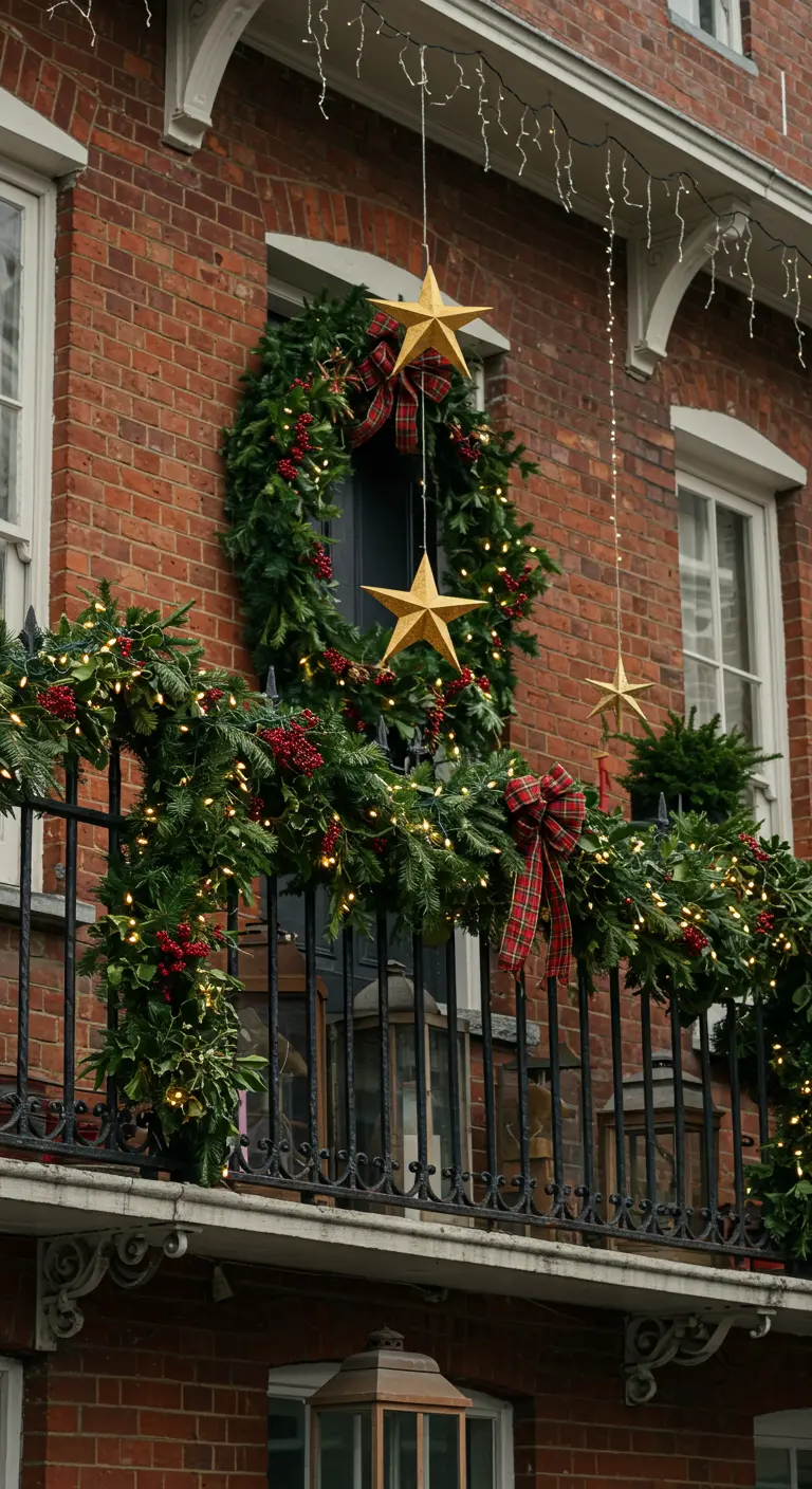 A classic brick townhouse balcony with a large wreath, garland, plaid bows, and hanging gold stars.