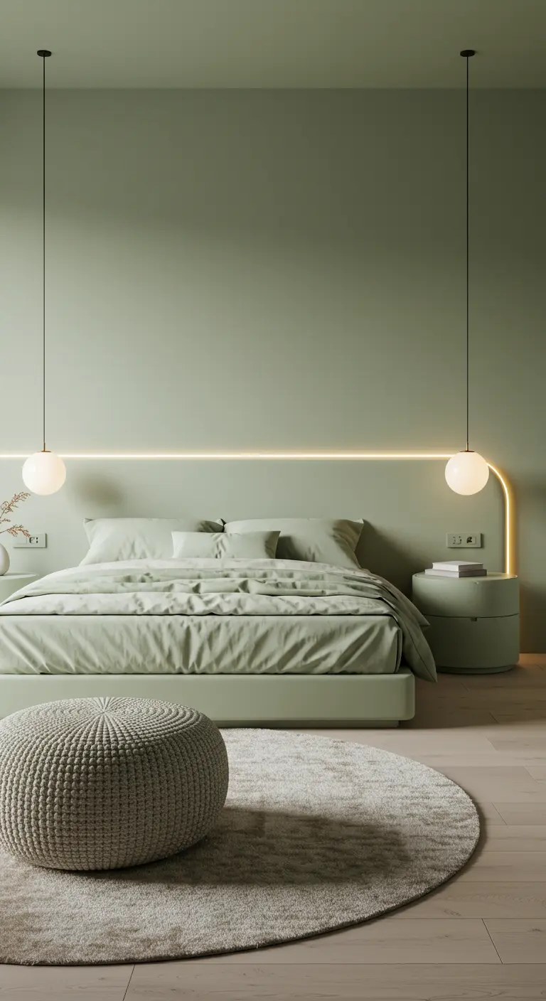 Monochromatic sage green bedroom with a single curved LED light tracing the headboard.