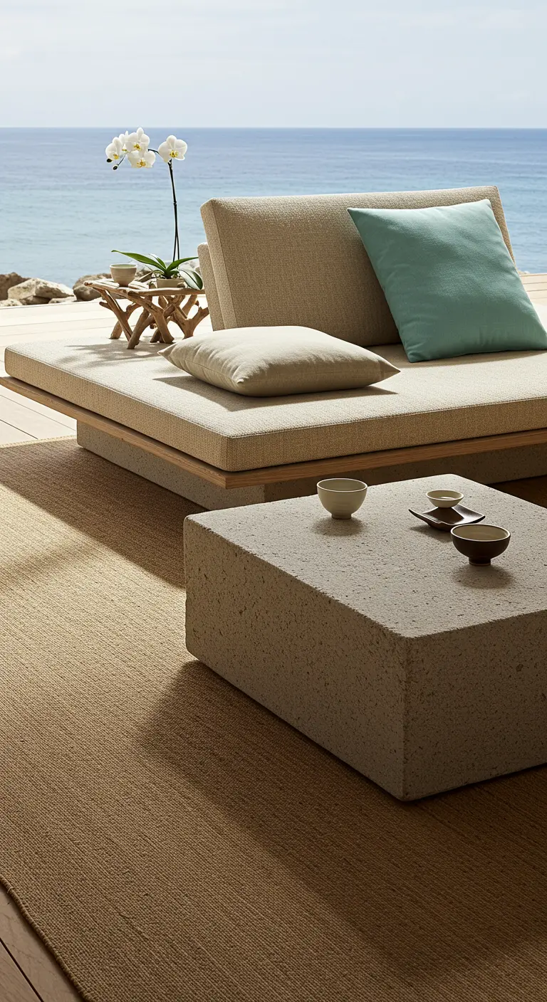 An outdoor lounge area with a minimalist concrete block coffee table and neutral cushions.
