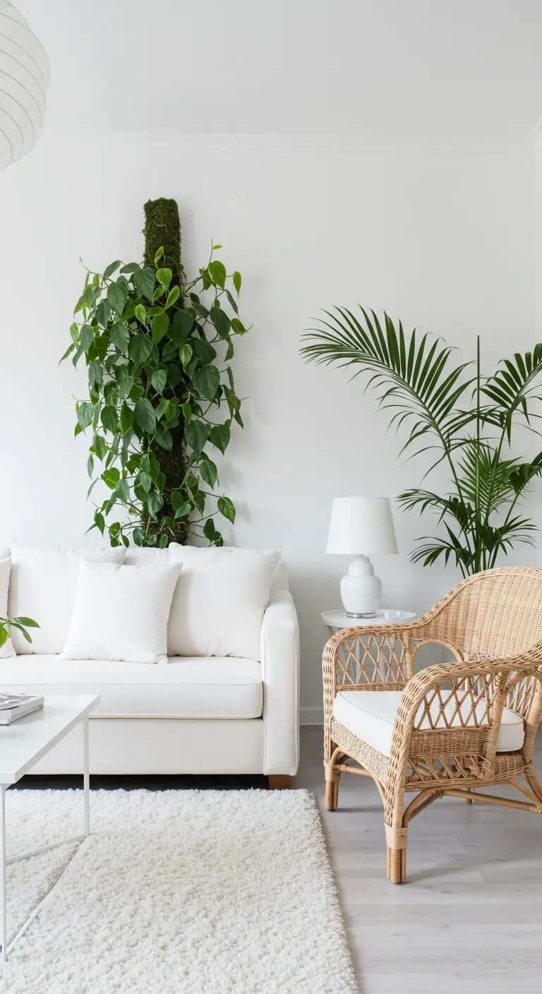 A climbing plant on a moss pole mounted on the wall above a white sofa.