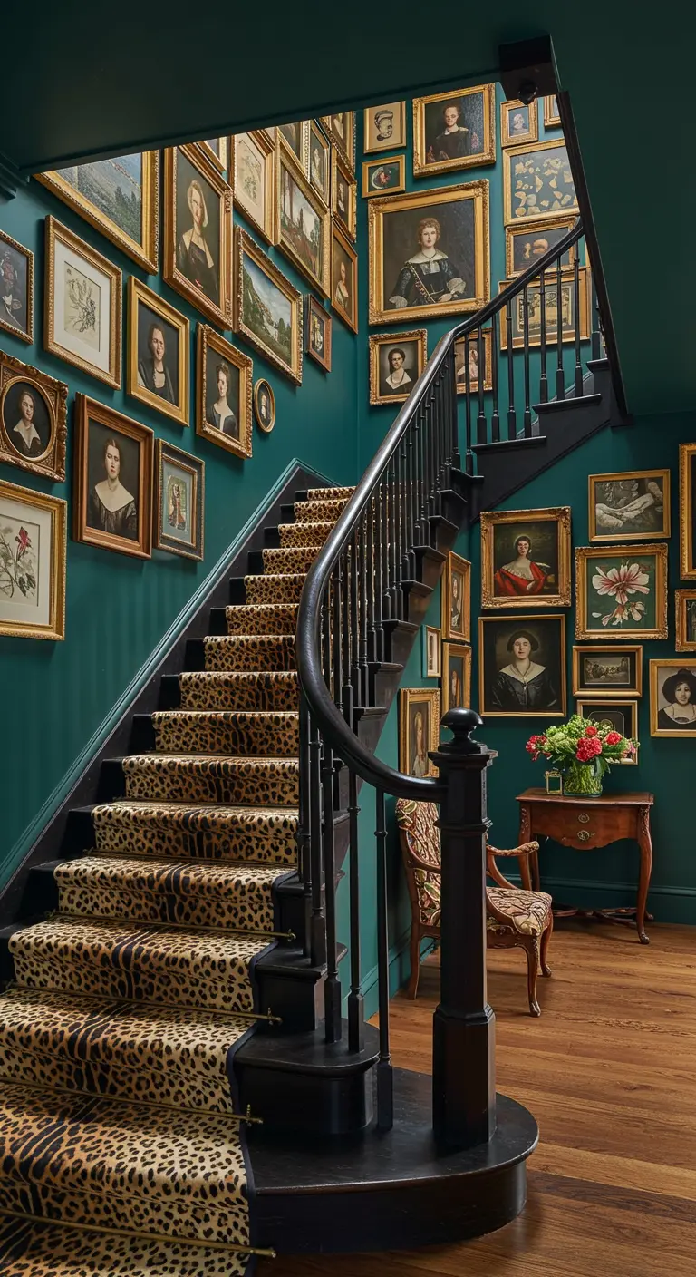 Staircase with deep teal walls, a leopard print carpet runner, and a gallery wall of portraits.