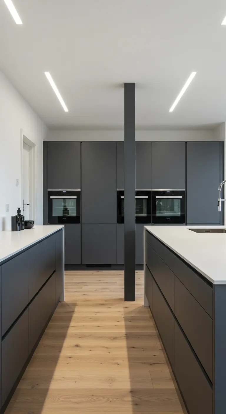 A long galley kitchen with a central structural pillar painted dark grey, dividing the space.