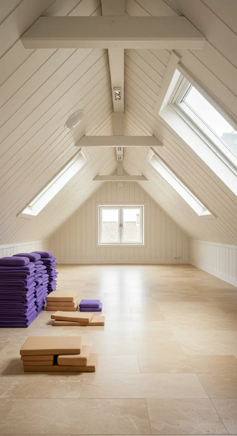 A bright white attic yoga studio with neatly stacked yoga mats and cushions.