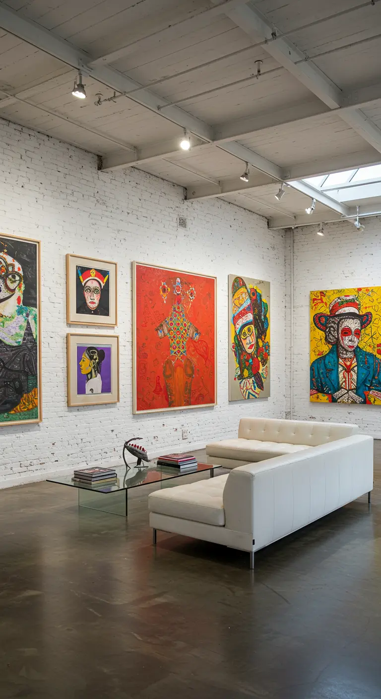 A white-painted brick loft wall covered in large, colorful, contemporary art above a white sofa.