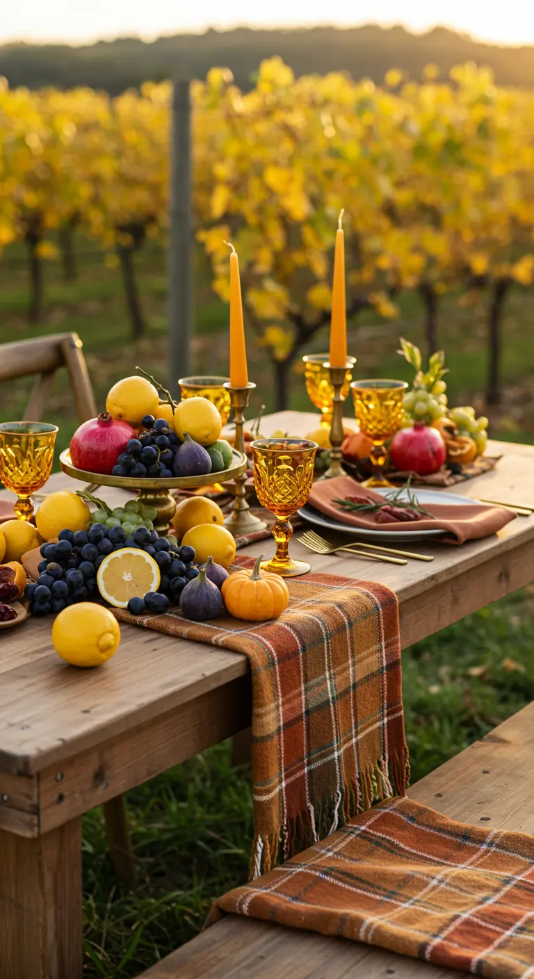 An autumn-themed table with a plaid runner, amber glasses, and a mix of lemons and pomegranates.
