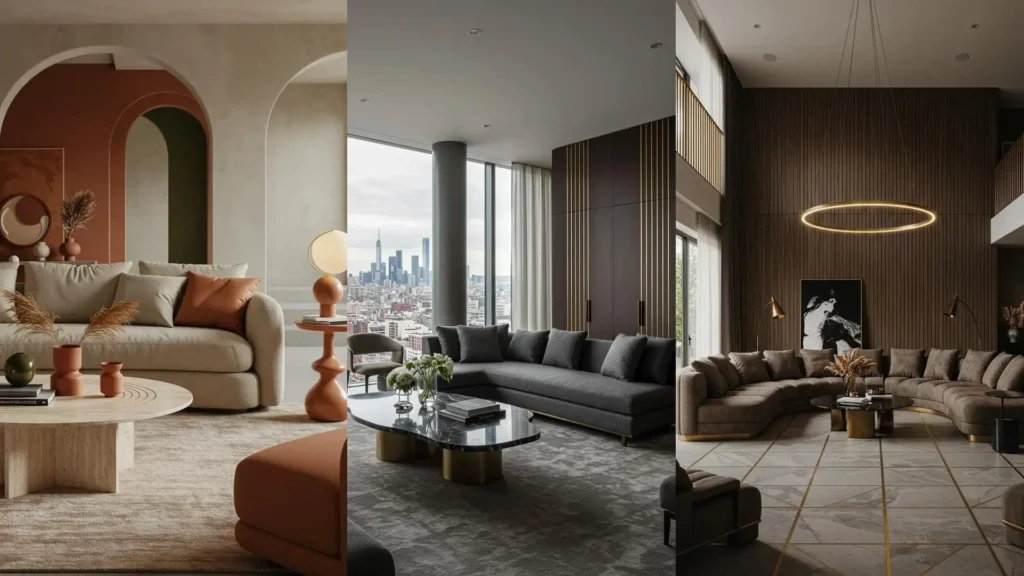 Transitional, classic & modern living spaces with curved sofas, brass inlays, and elegant decor.