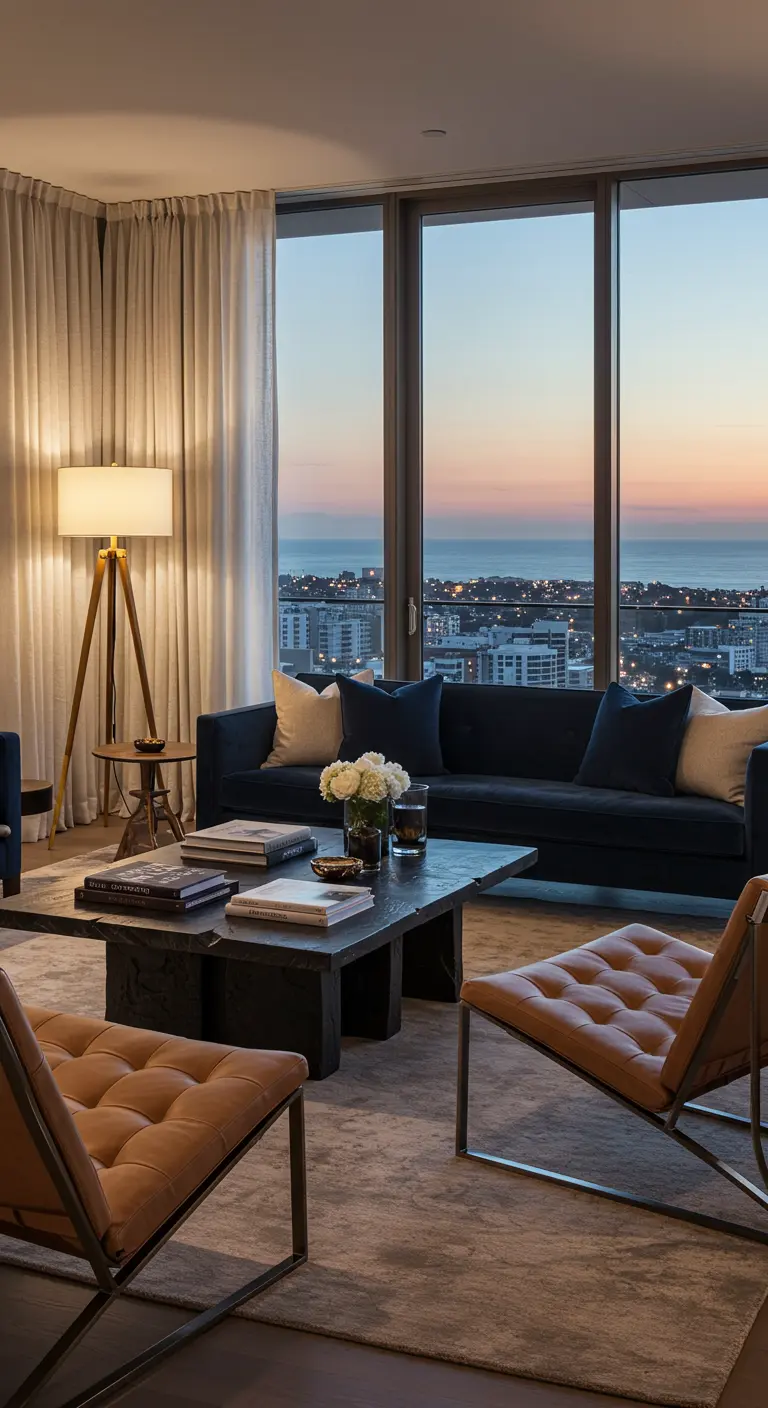 High-rise apartment with a navy sofa, leather chairs, and a city view at dusk.