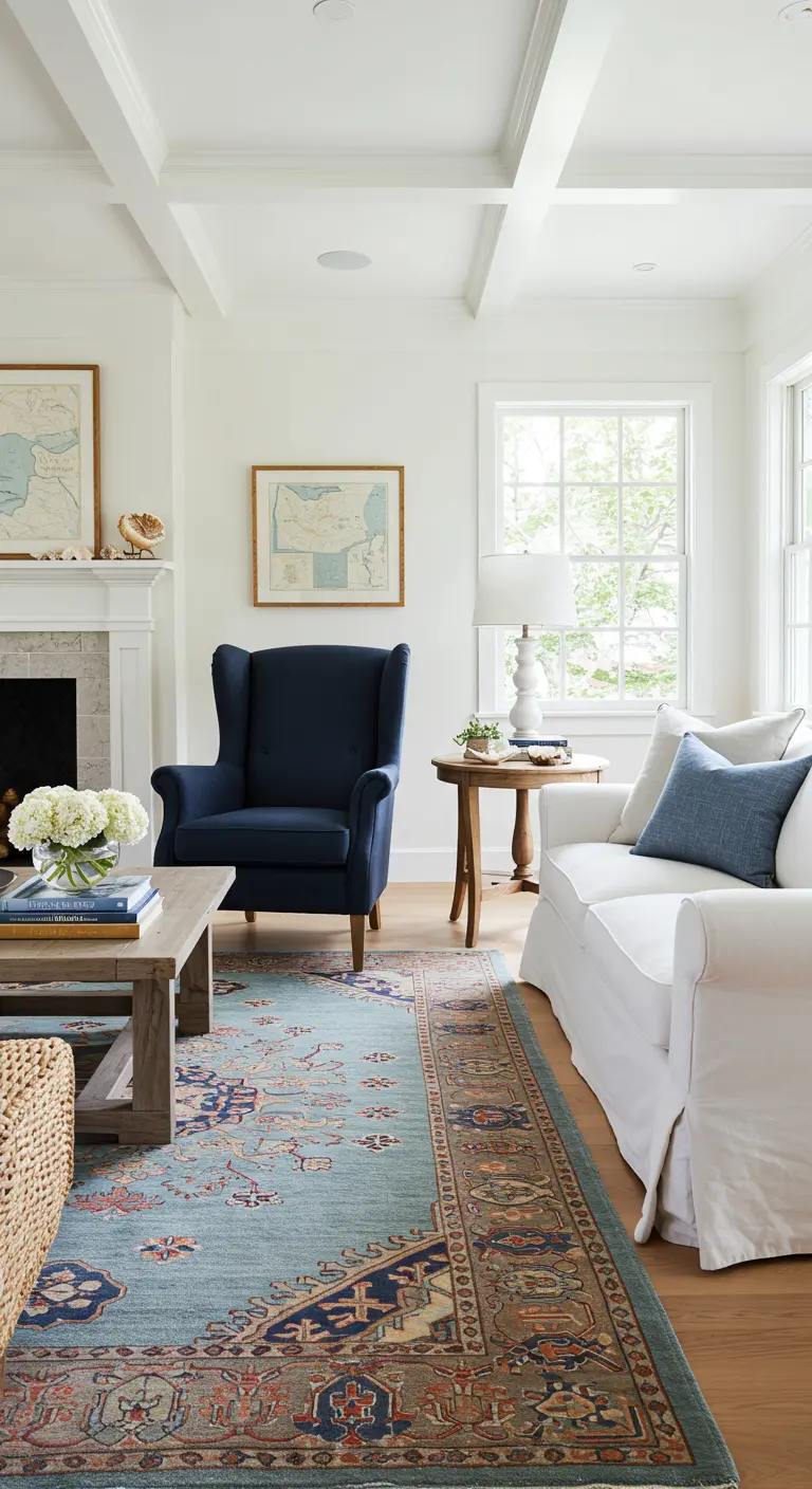Navy blue wingback chair and white sofa on a light blue Oriental rug in a coastal-style room.