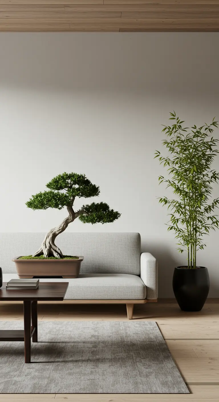 A minimalist living room with a grey sofa and a large bonsai tree on the armrest.