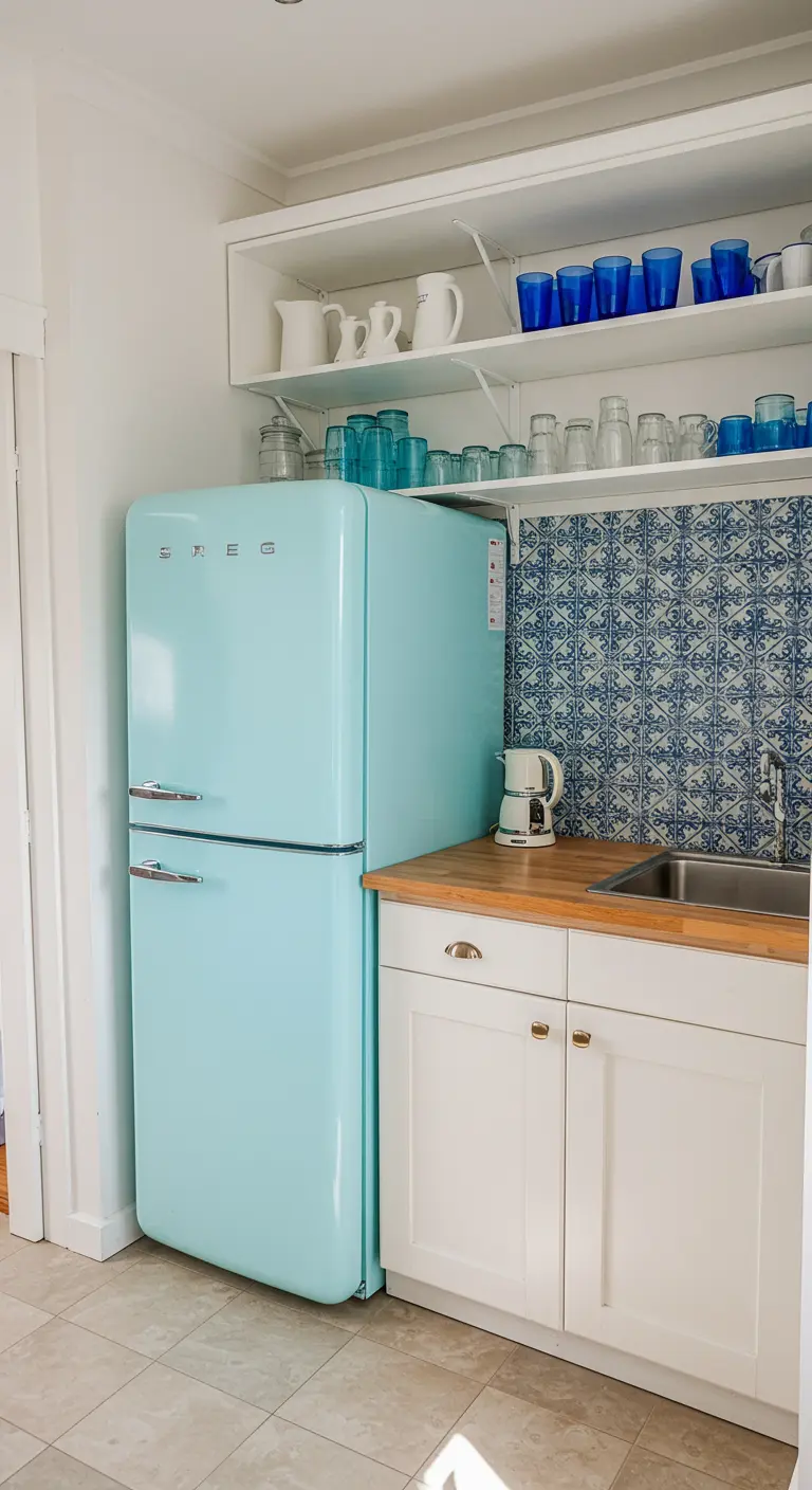 Kitchenette with a pale blue retro refrigerator and patterned tile backsplash.