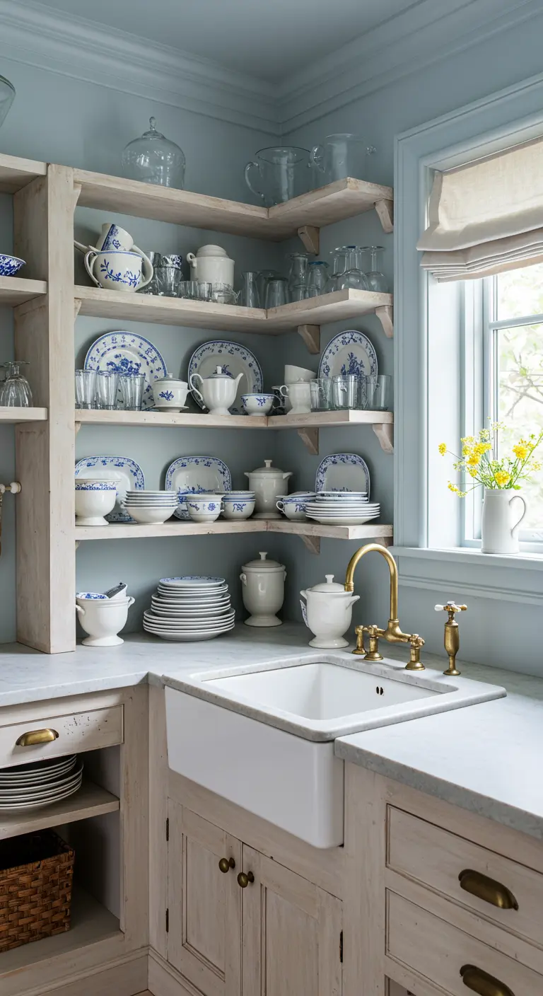 Kitchen corner with open shelving displaying blue and white china above a farmhouse sink.