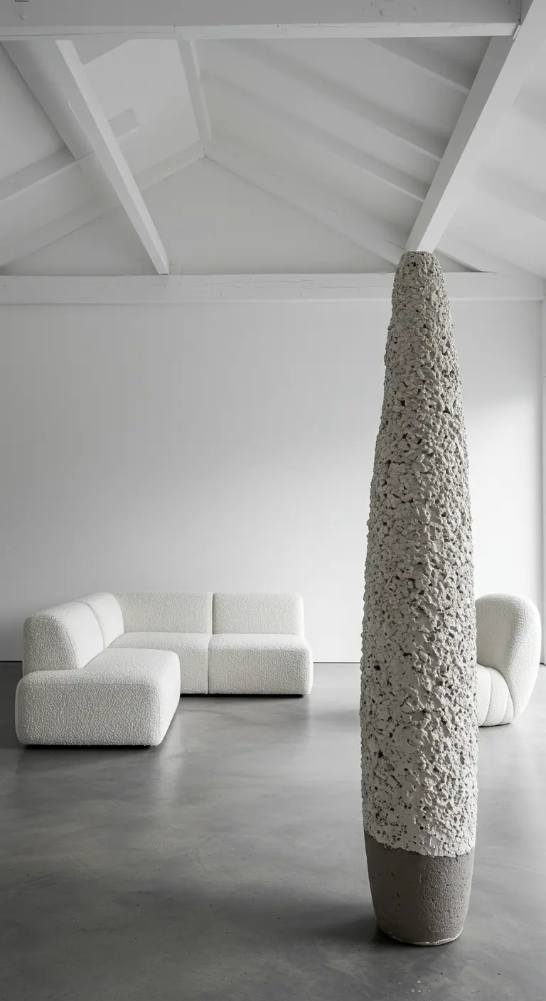 Minimalist loft with a white bouclé sectional and a monumental, textured sculptural piece.
