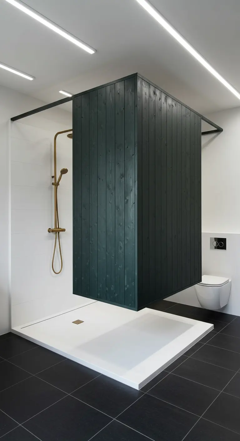 A dark green wood-paneled shower enclosure that appears to float in a white bathroom.