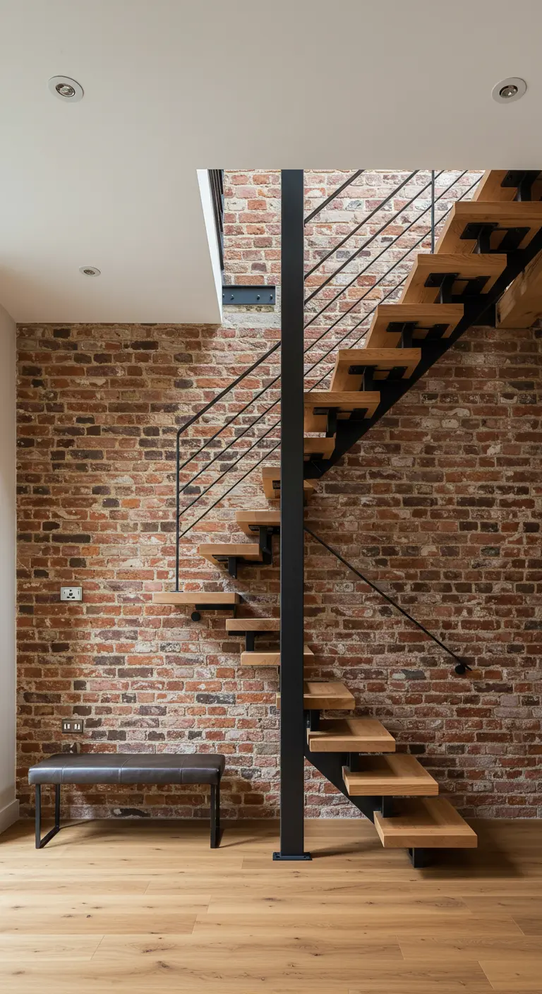 Open-riser industrial staircase with wood steps and black metal frame.