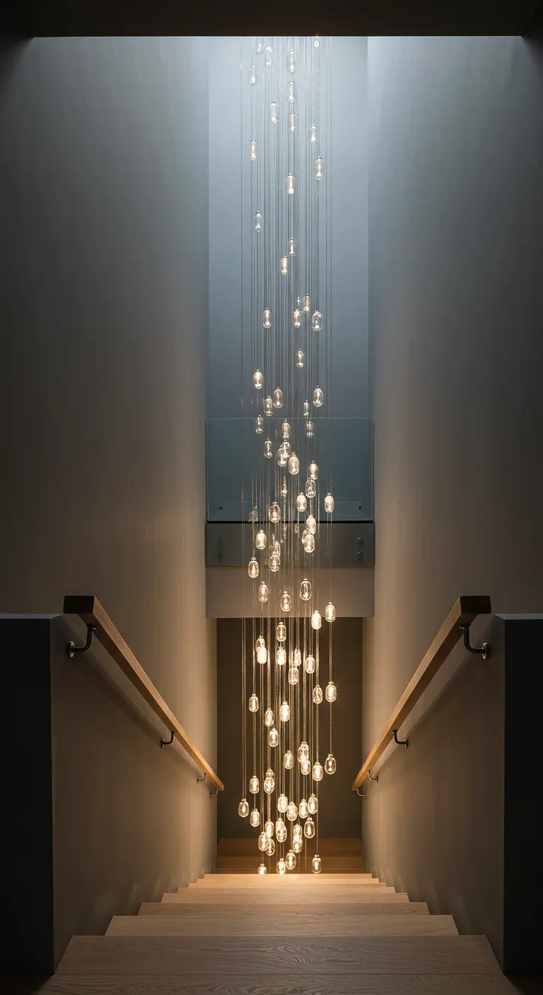 A multi-story staircase illuminated by a cascading waterfall chandelier.
