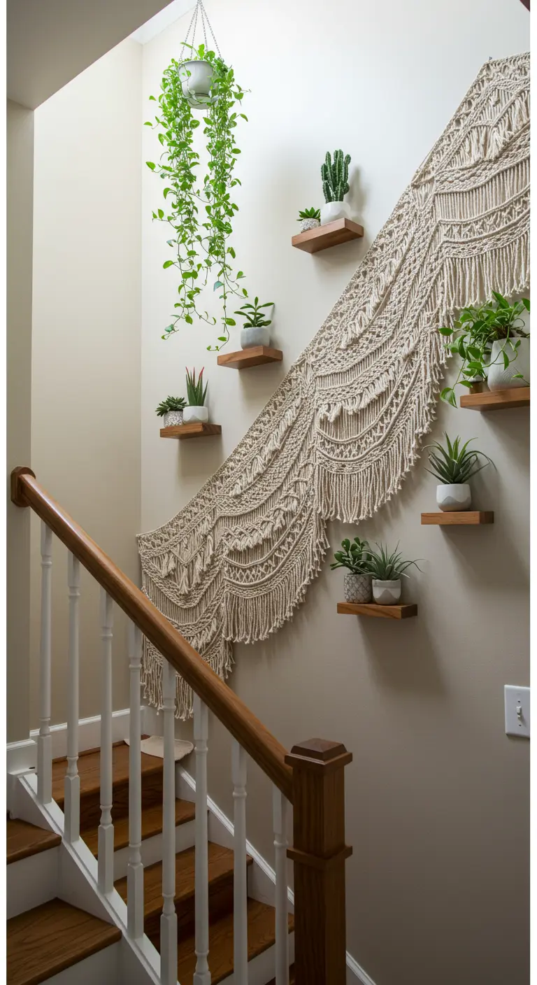A long macrame wall hanging cascading down a stairwell wall with small plant shelves.