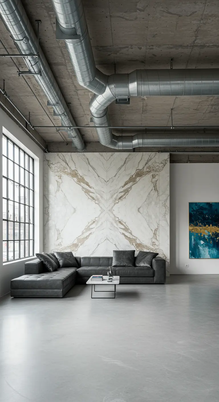 Minimalist loft with concrete ceiling, exposed ducts, and a bookmatched white marble accent wall.