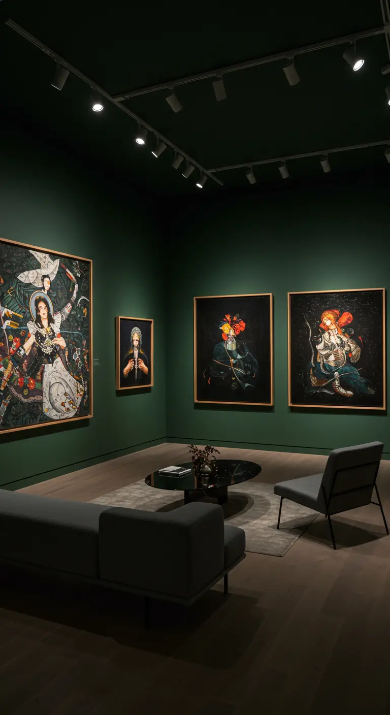 Art gallery-style room with dark green walls, track lighting focused on large paintings, and simple furniture.