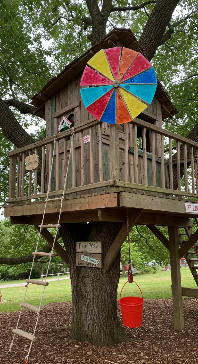 A brightly colored rainbow resin pinwheel attached to a rustic wooden treehouse.