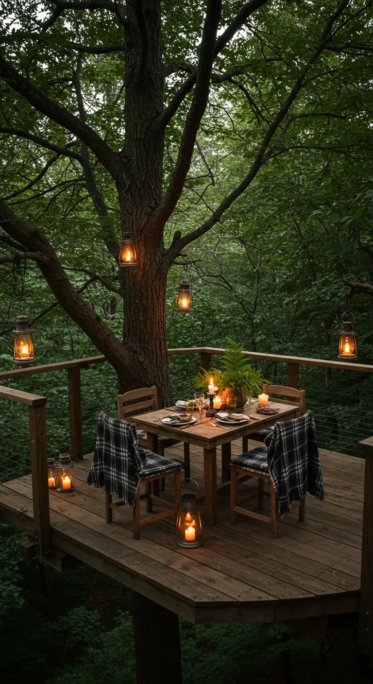 A small wooden table on a treehouse deck, surrounded by hanging lanterns and plaid throws.