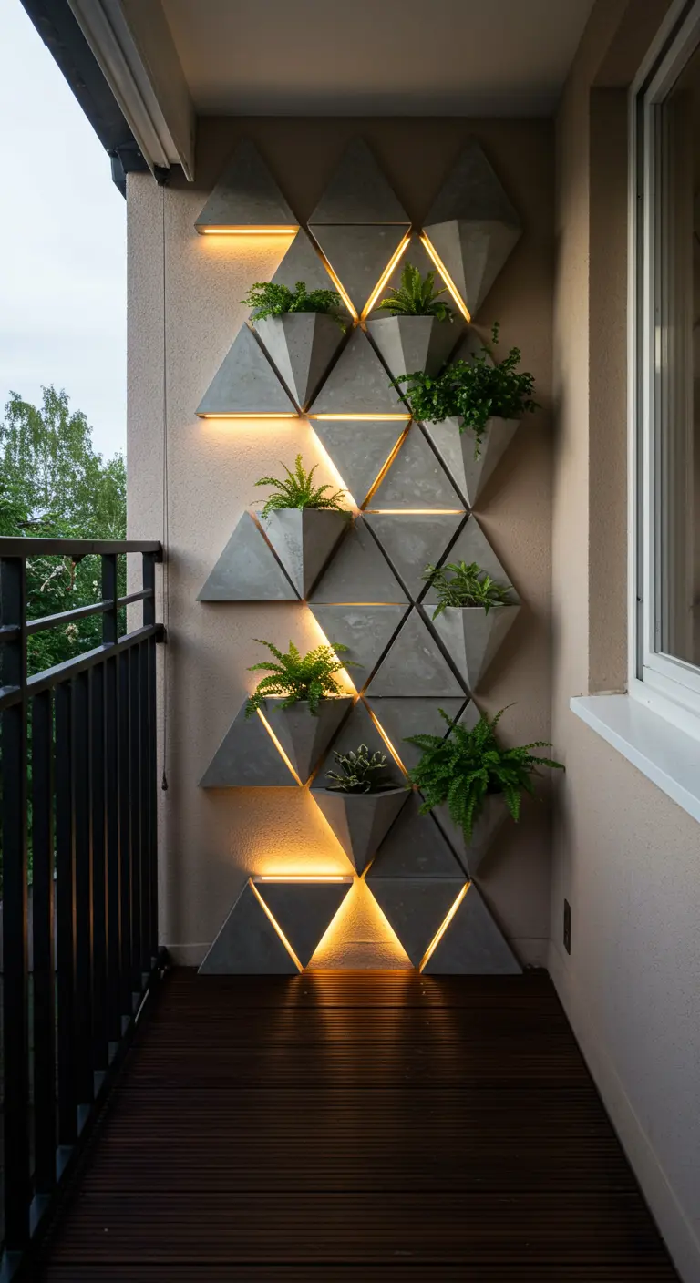 A wall of triangular concrete planters with ferns, backlit with warm LED lights.