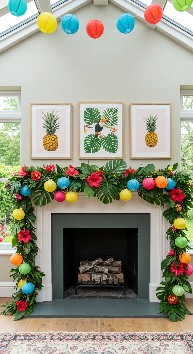 Tropical mantel with monstera leaves, hibiscus, and colorful paper lanterns.