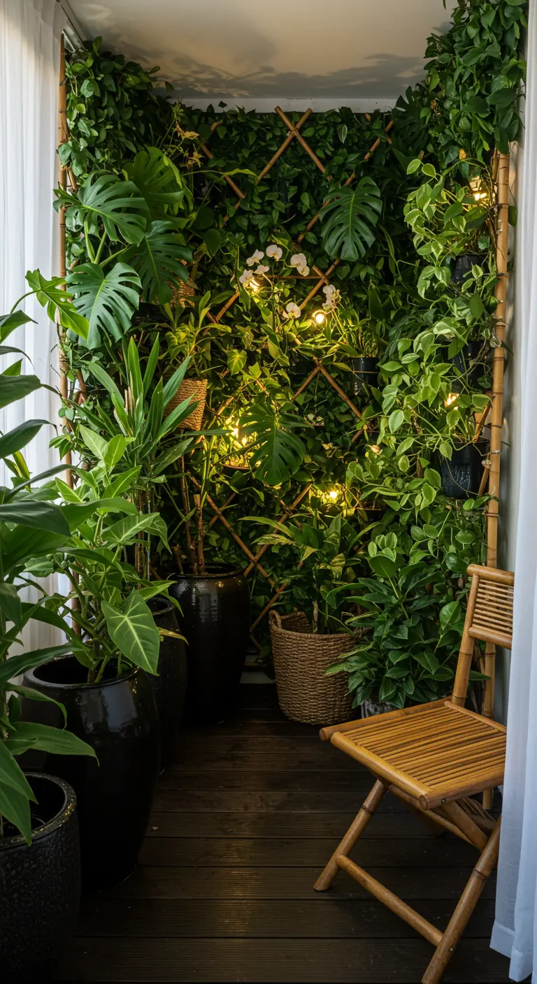 Lush balcony with bamboo trellis, many potted tropical plants, and string lights at dusk.
