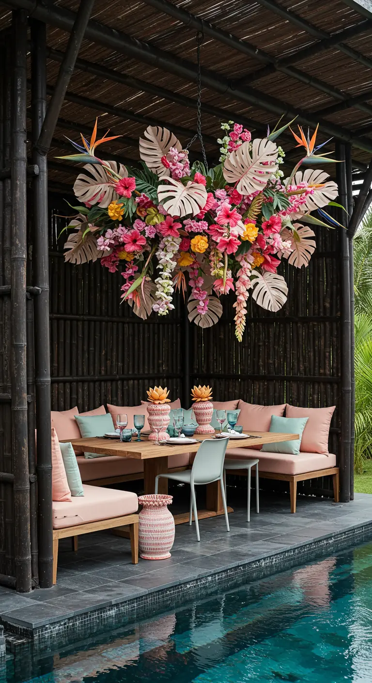 A bamboo cabana with a dramatic tropical flower and leaf chandelier over a poolside dining area.