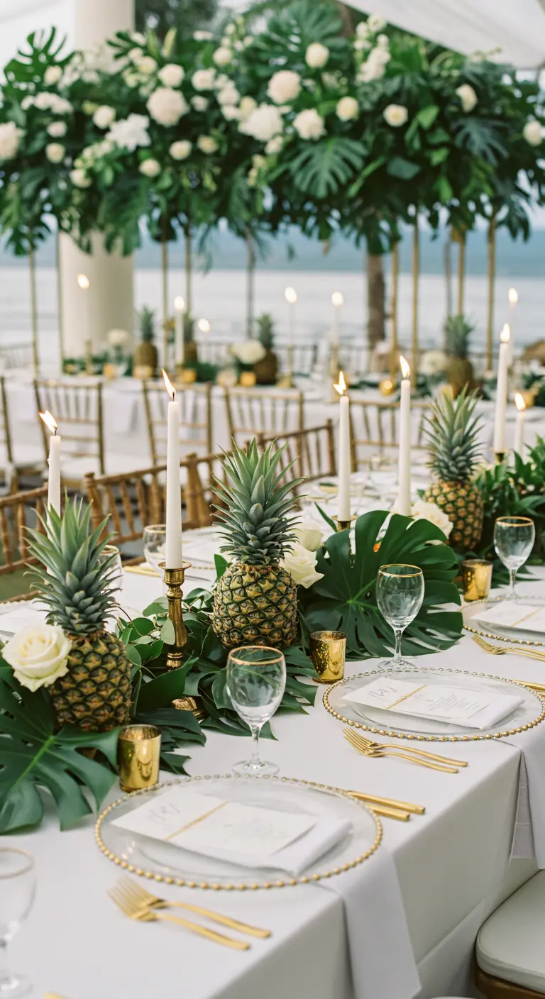 Elegant wedding table with pineapples, white roses, monstera leaves, and tall candles