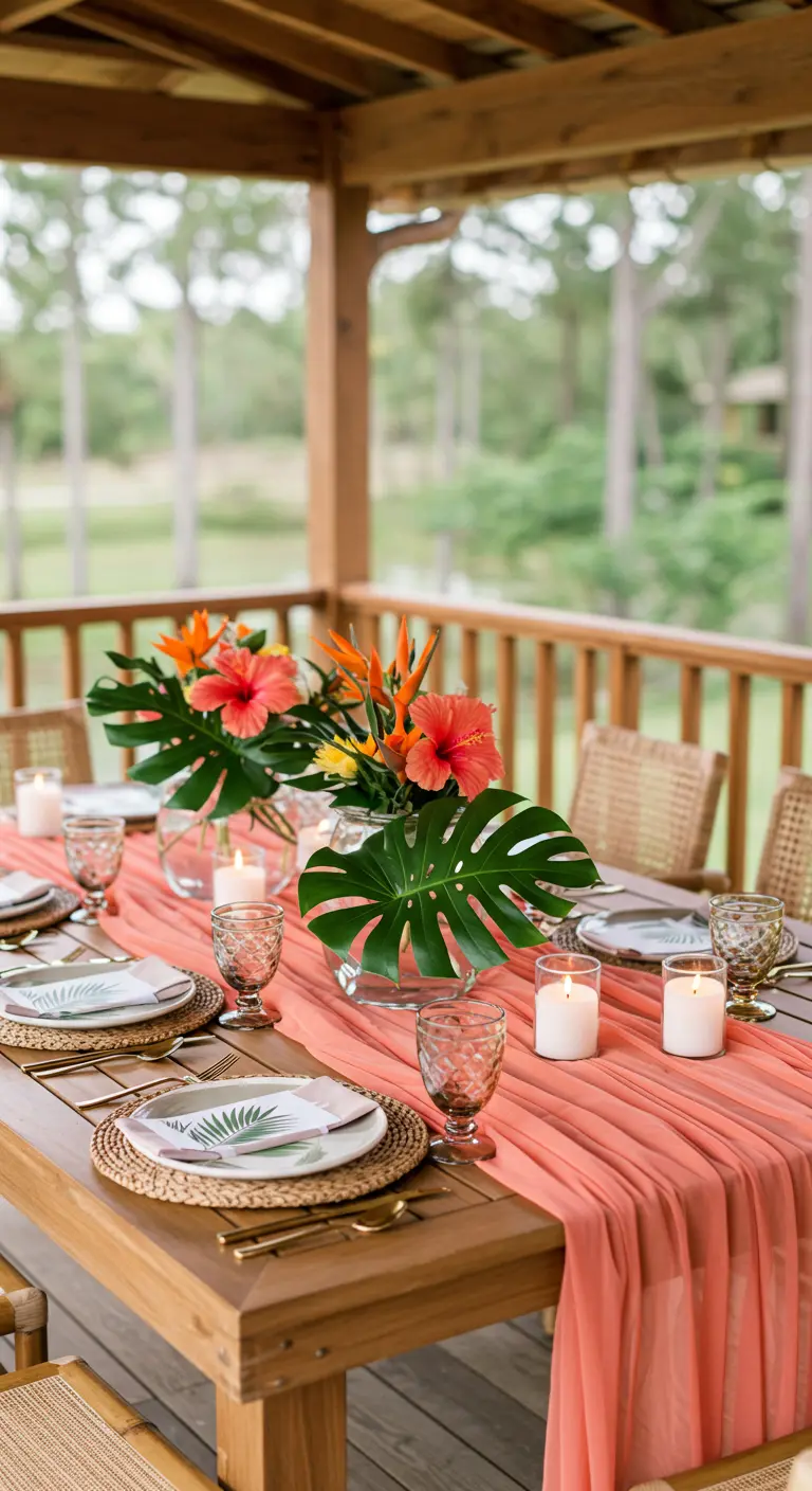 Tropical-themed table on a porch with a coral runner, hibiscus flowers, and monstera leaves.