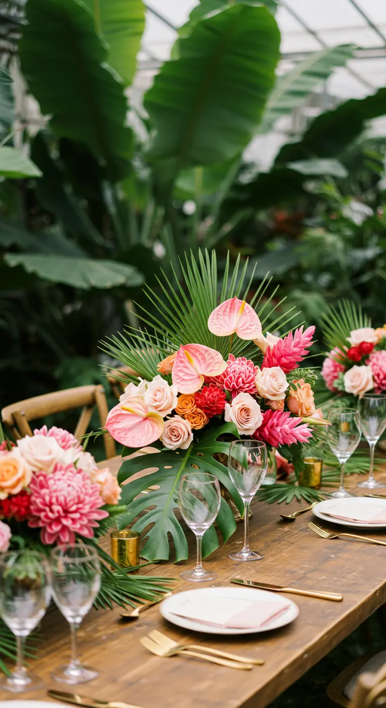Tropical centerpiece with large leaves, pink anthurium, and blush roses on a wooden table.