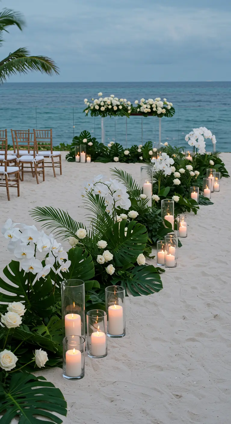 A sandy beach wedding aisle with white orchids and tropical leaves.