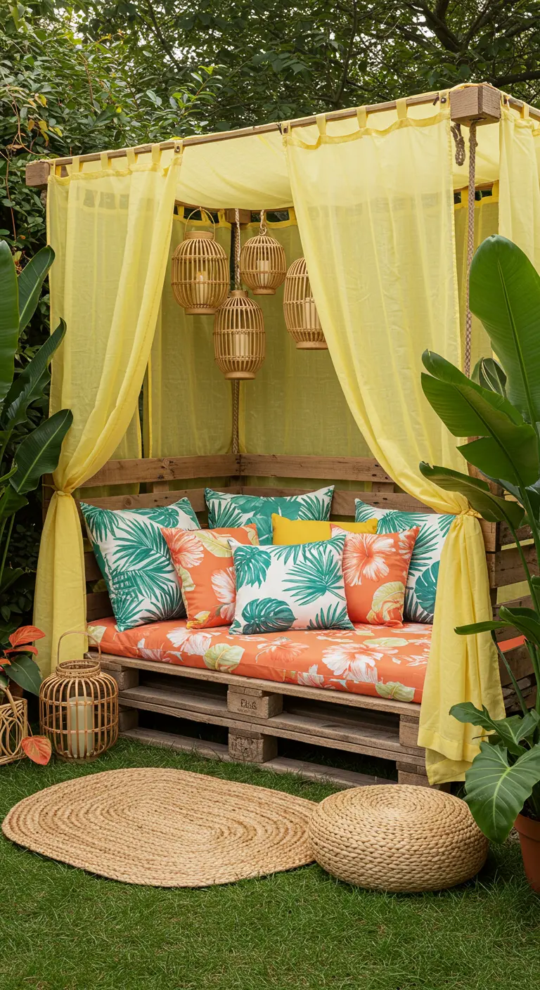 Pallet canopy bed with bright yellow curtains and tropical print cushions.