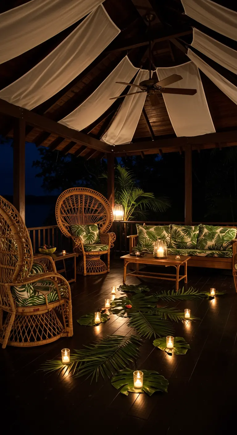 A tropical-themed patio with peacock chairs, a fabric canopy, and candles on palm leaves.