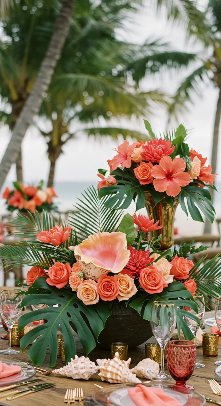 A tropical centerpiece with a large conch shell, coral roses, and monstera leaves.
