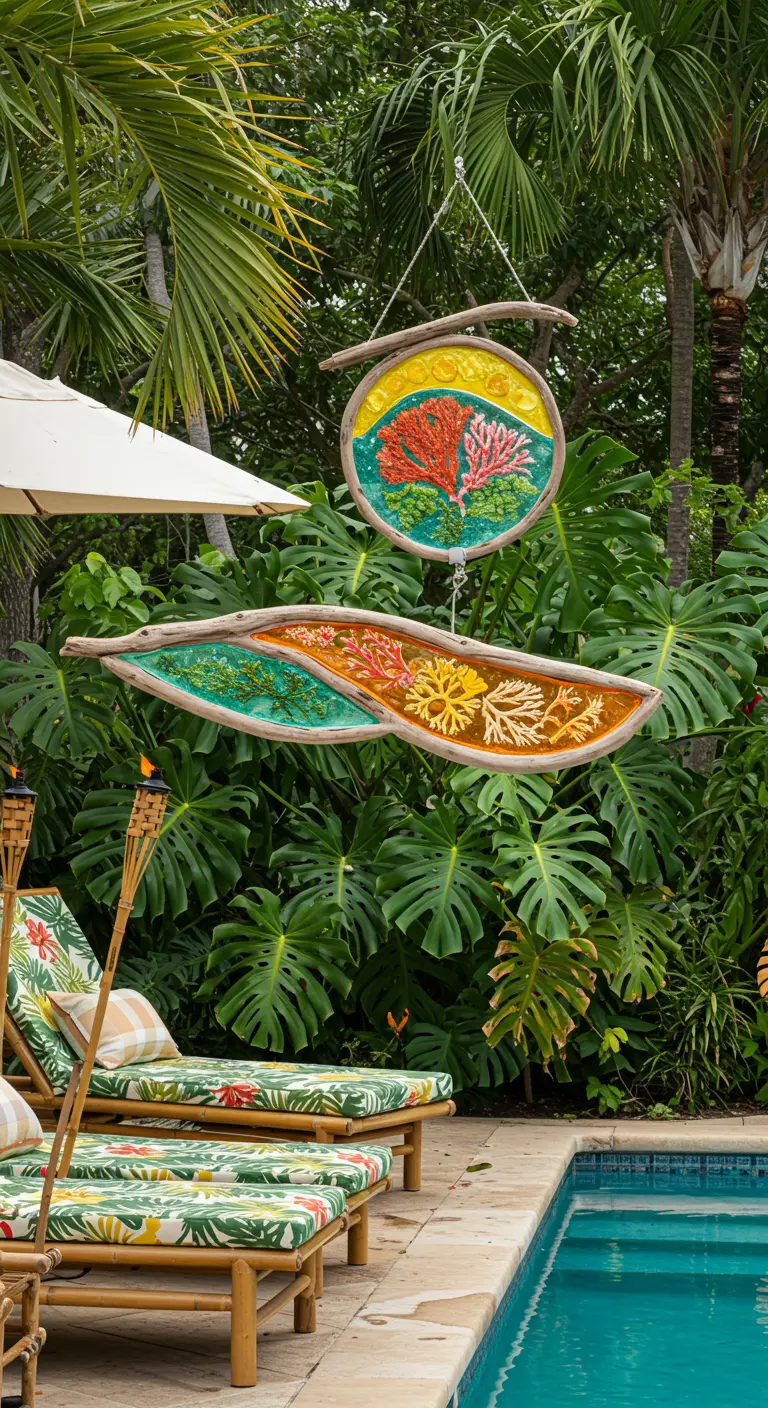 A multi-piece driftwood and resin mobile with coral reef designs hanging by a tropical pool.