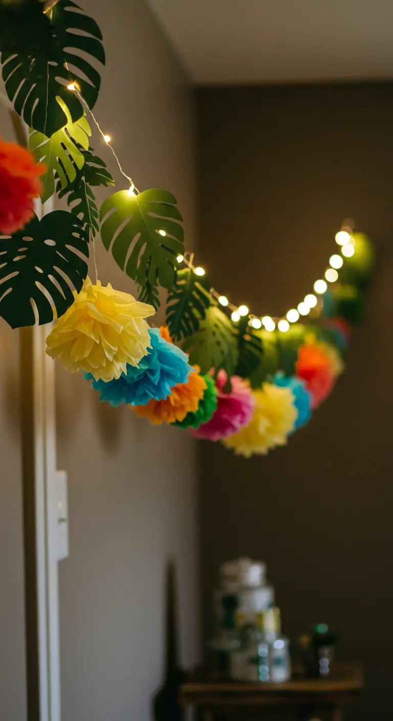 A colorful paper pom-pom and monstera leaf garland intertwined with small fairy lights.