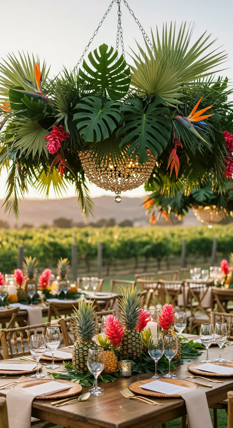 A beaded chandelier decorated with large tropical leaves like monstera and bird of paradise flowers.