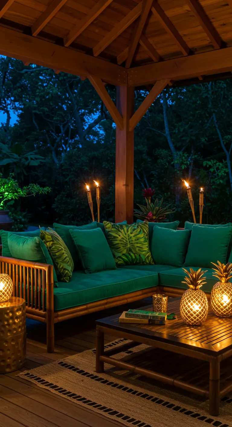 A gazebo at night with a green velvet sofa, pineapple-shaped gold lamps, and tiki torches.