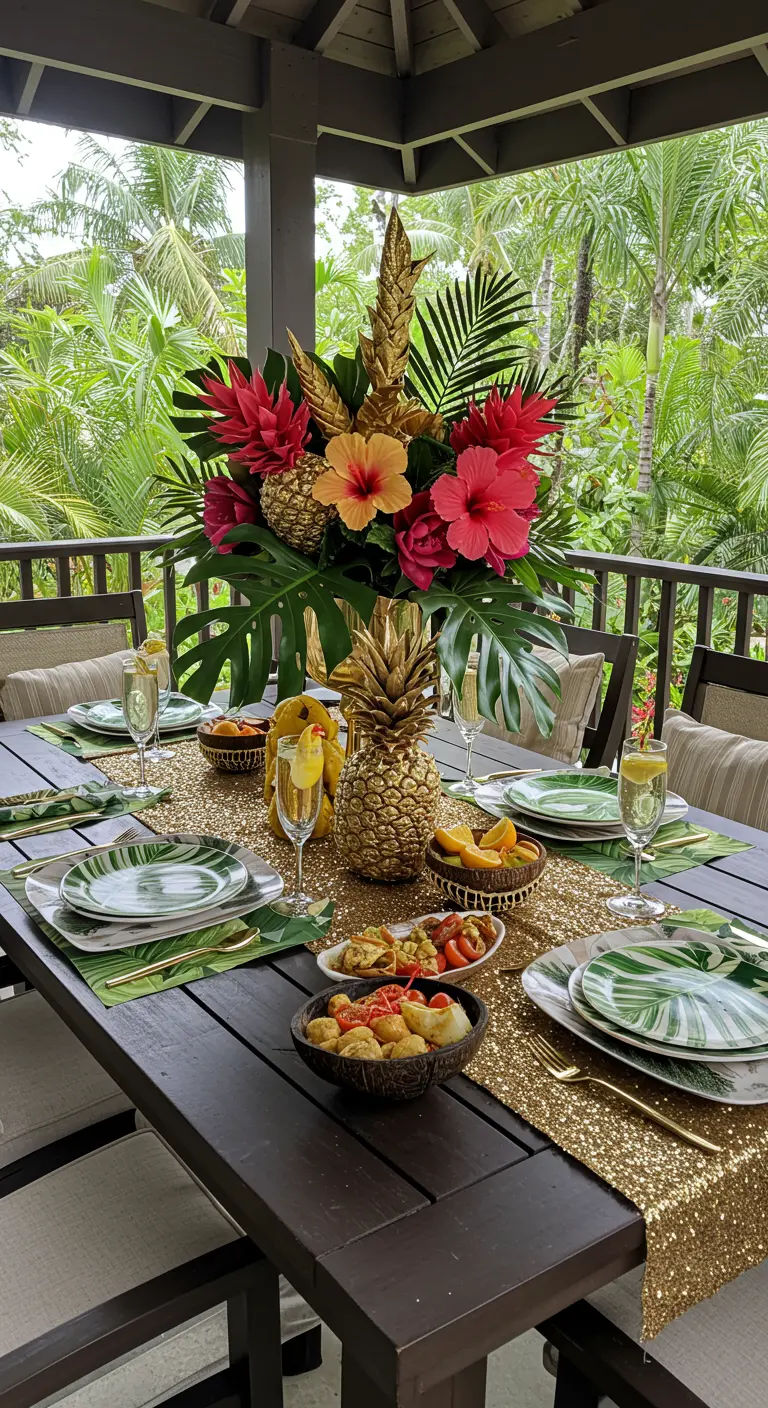 A tropical-themed outdoor table with a gold runner, gold pineapples, and hibiscus flowers.