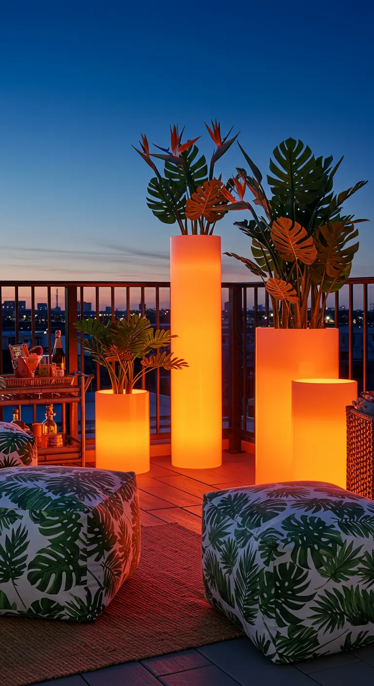 Tropical-themed rooftop with leaf-print poufs and tall, glowing orange planters with exotic plants.