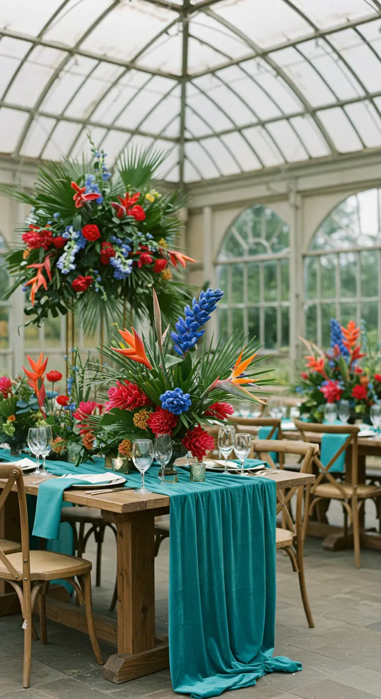 Greenhouse wedding with wooden tables, teal velvet runners, and vibrant tropical floral centerpieces.