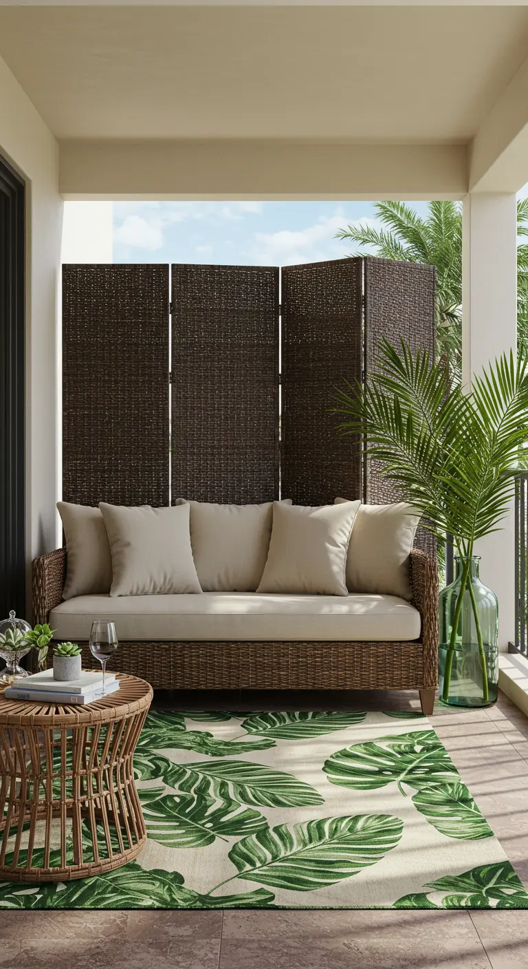 A dark woven folding screen behind a wicker sofa on a tropical-themed balcony.