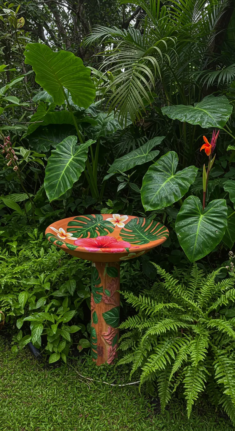 A birdbath hand-painted with tropical leaves and flowers, nestled in a lush green garden.