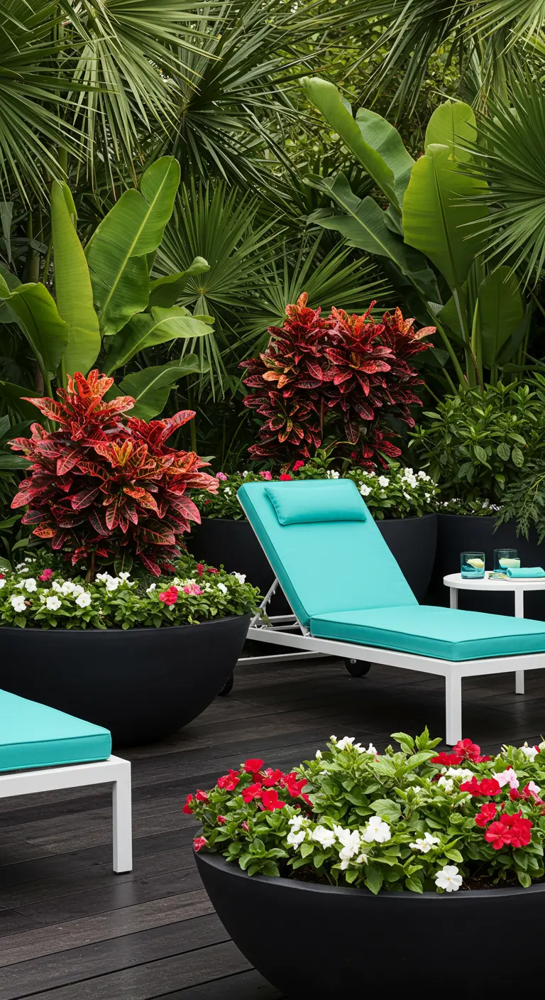A turquoise chaise lounge surrounded by lush tropical plants in large black planters.