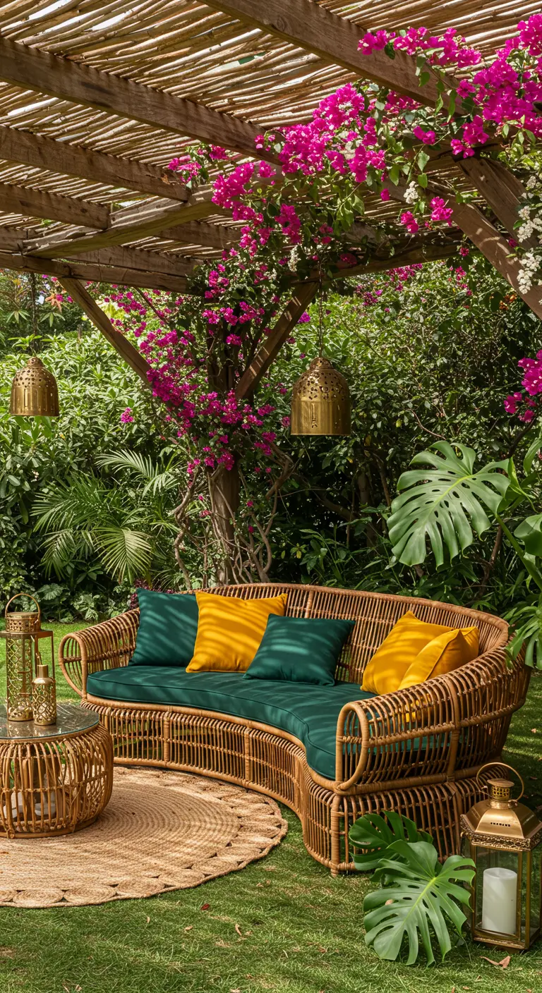 A vibrant rattan sofa with teal and yellow cushions surrounded by tropical plants.