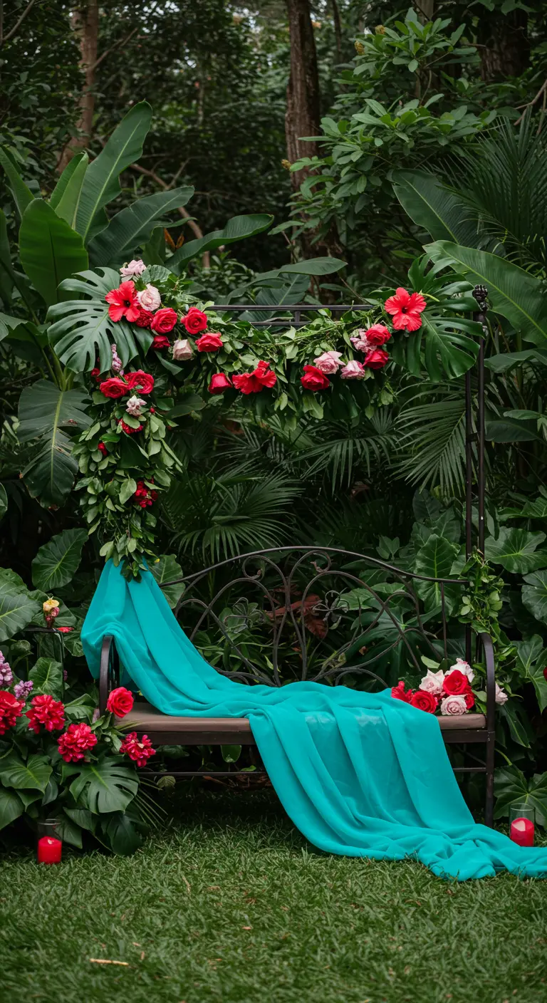 A daybed in a lush jungle setting, decorated with red roses and a turquoise throw.