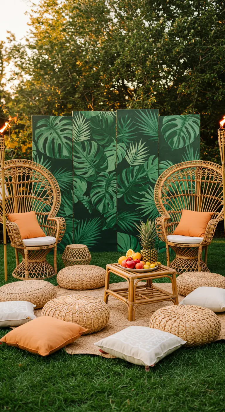 A folding screen painted with dense, green tropical leaves, set up outdoors with rattan chairs.